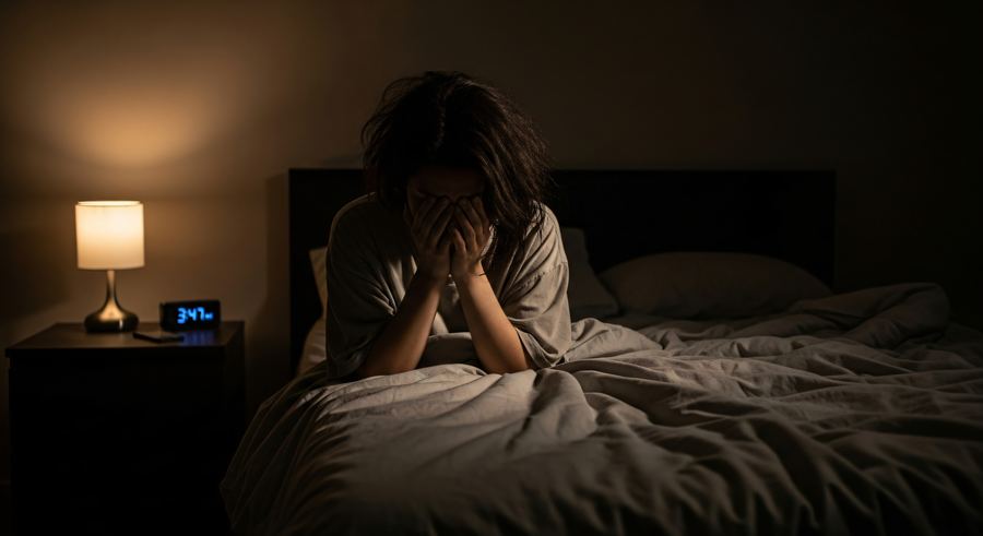 Woman awake and exhausted in bed late at night