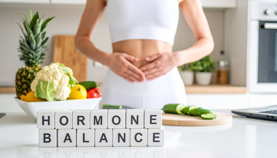Hormone balance blocks with healthy vegetables and fit woman