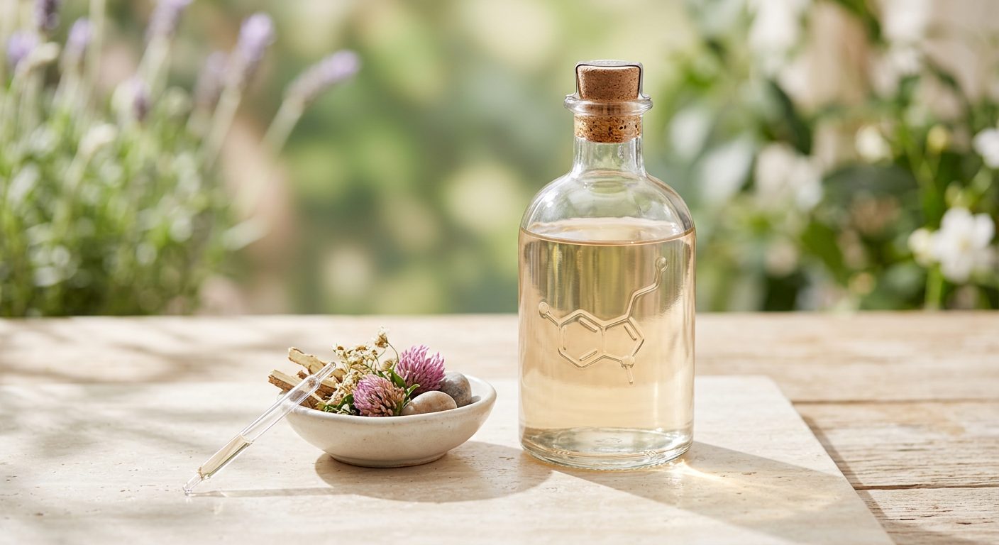 Natural bio-identical hormone therapy — botanical bottle with molecular emblem, flowers and herbs