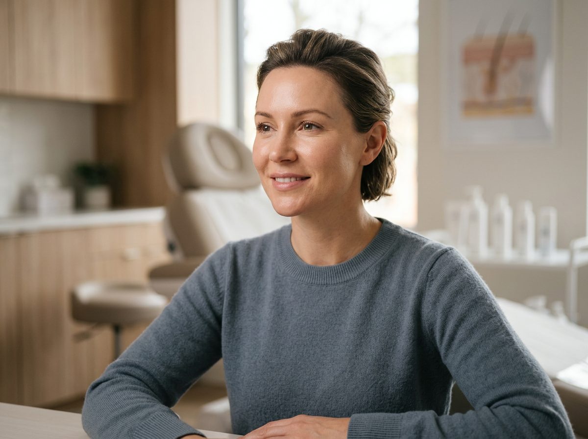 Patient with glowing skin in a warm med spa treatment room