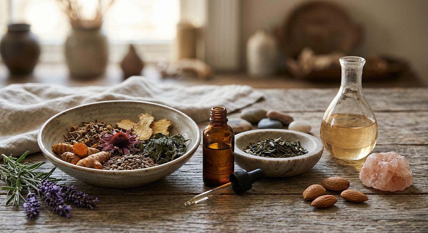 Functional medicine flatlay — herbs, botanical drawings, mortar and pestle on warm wood