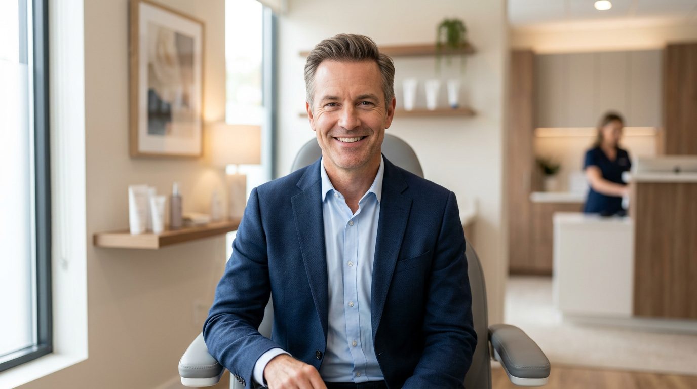 Confident man with full healthy hair in a modern med spa setting
