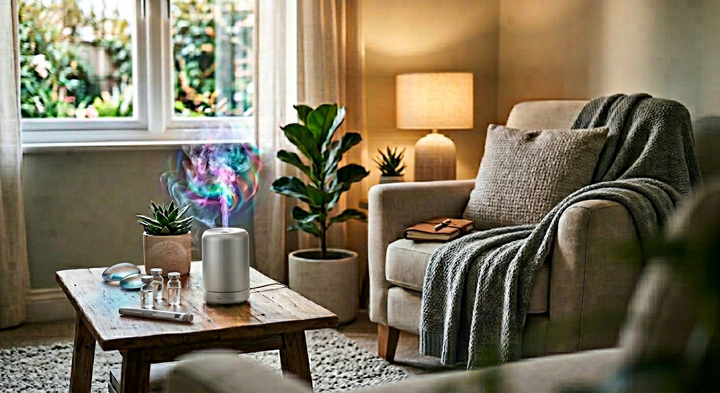 Calm therapeutic room with soft lighting, armchair and diffuser for ketamine therapy
