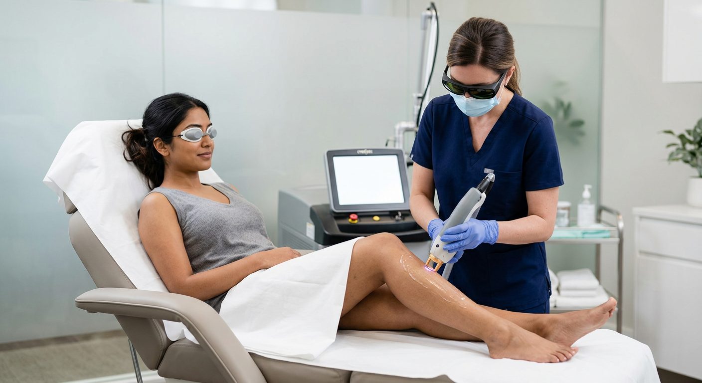 Laser hair removal treatment — patient with protective goggles, technician with laser handpiece