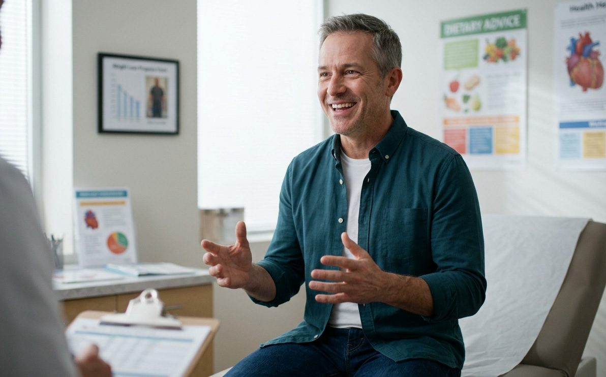 Man in a consultation discussing symptoms of low testosterone with a provider