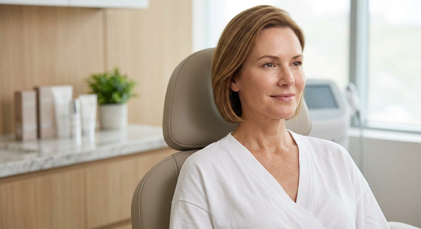 Woman with glowing, firm skin relaxed in a med spa treatment chair
