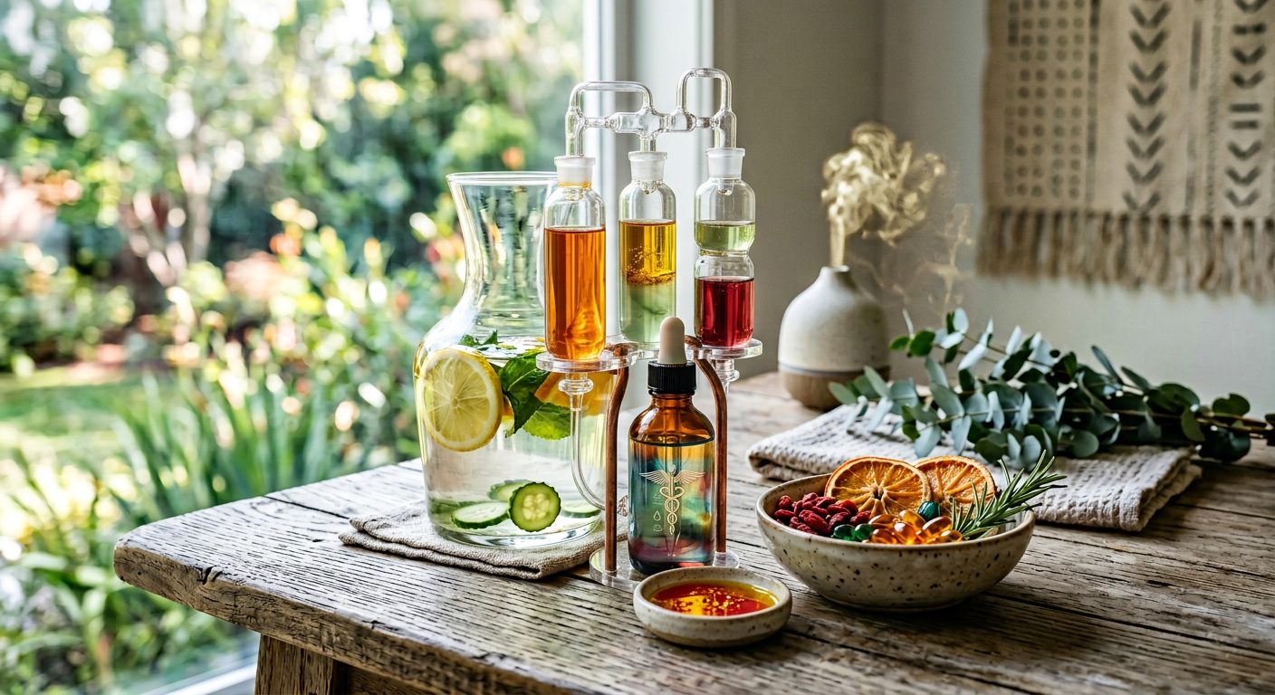 Vitamin IV therapy — colorful nutrient vials, botanicals and citrus on a rustic wooden table