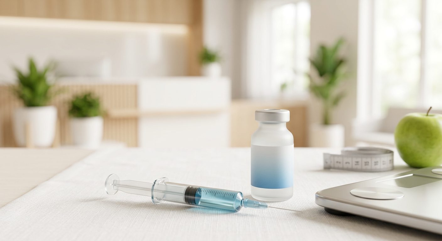 Medical weight loss — GLP-1 vial, syringe, scale and apple in a clean clinical setting