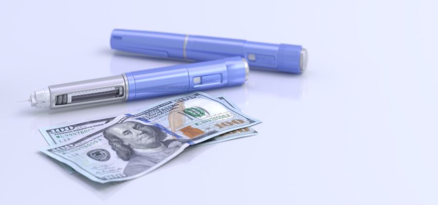 Semaglutide injection pen and cash representing treatment cost