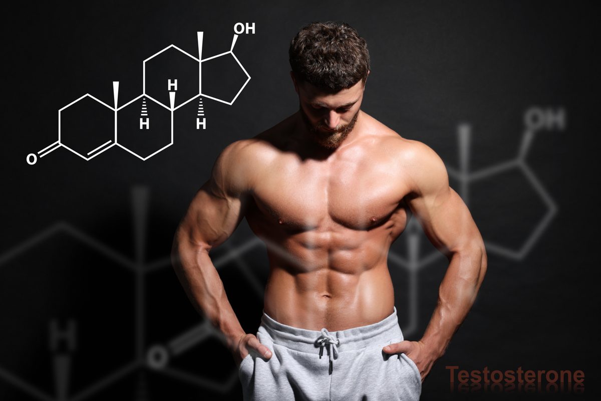 Man with testosterone molecule diagram, representing testosterone therapy and fertility